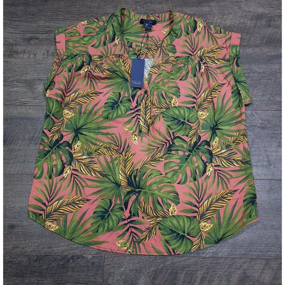 Rachel Roy Linen Rayon Floral Top L Pullover Sleeveless Button V Neck Beachcore - Picture 3 of 12
